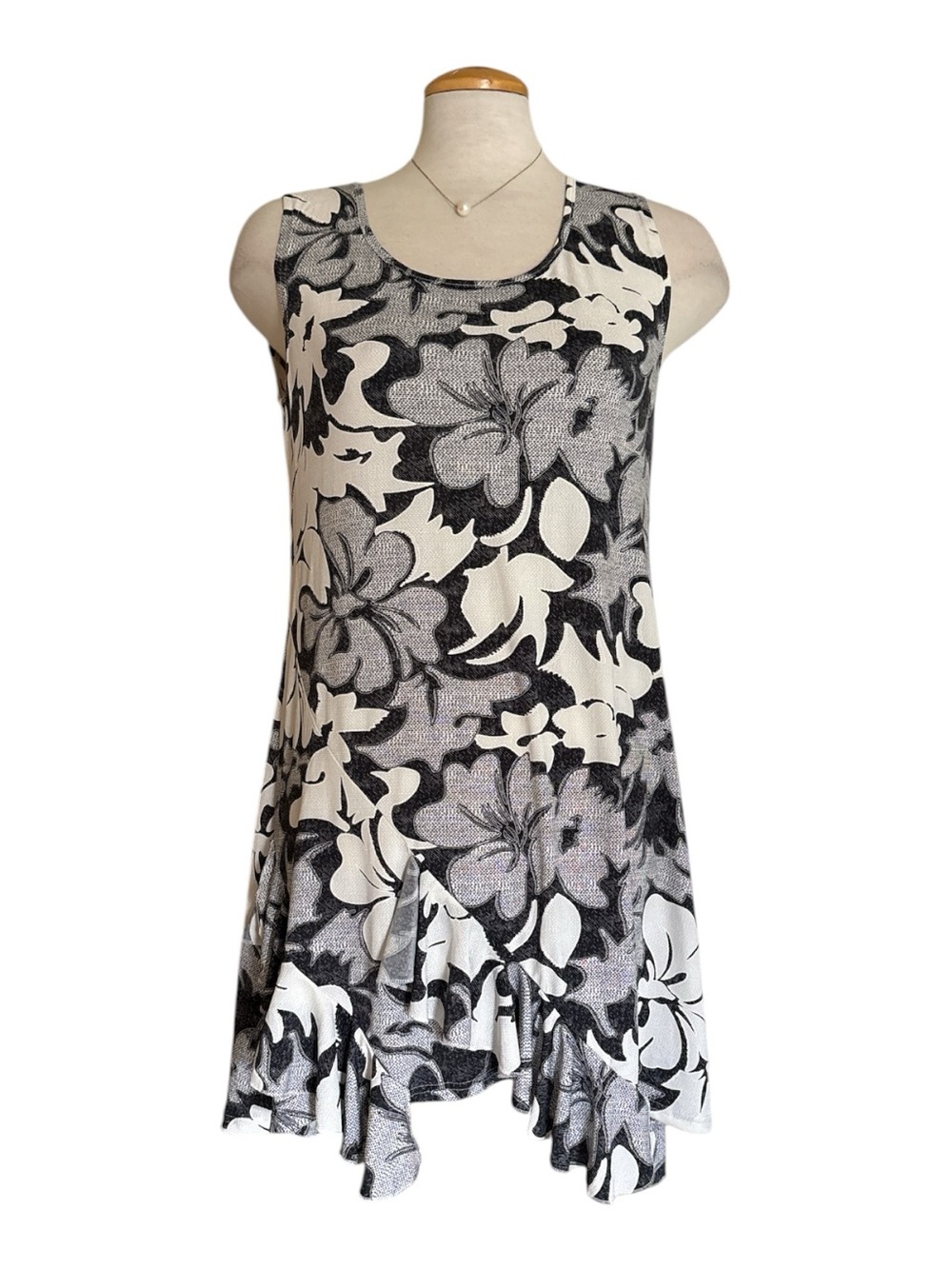 Sleeveless Black Gray & White Floral Ruffle Mini Dress